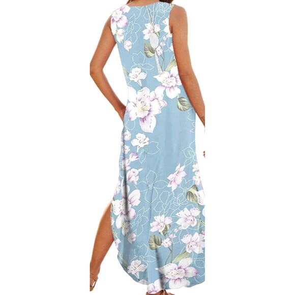 Hount Maxi Dress Blue Floral Tank Large Pockets Side Slits Stretch Sundress - Picture 8 of 9